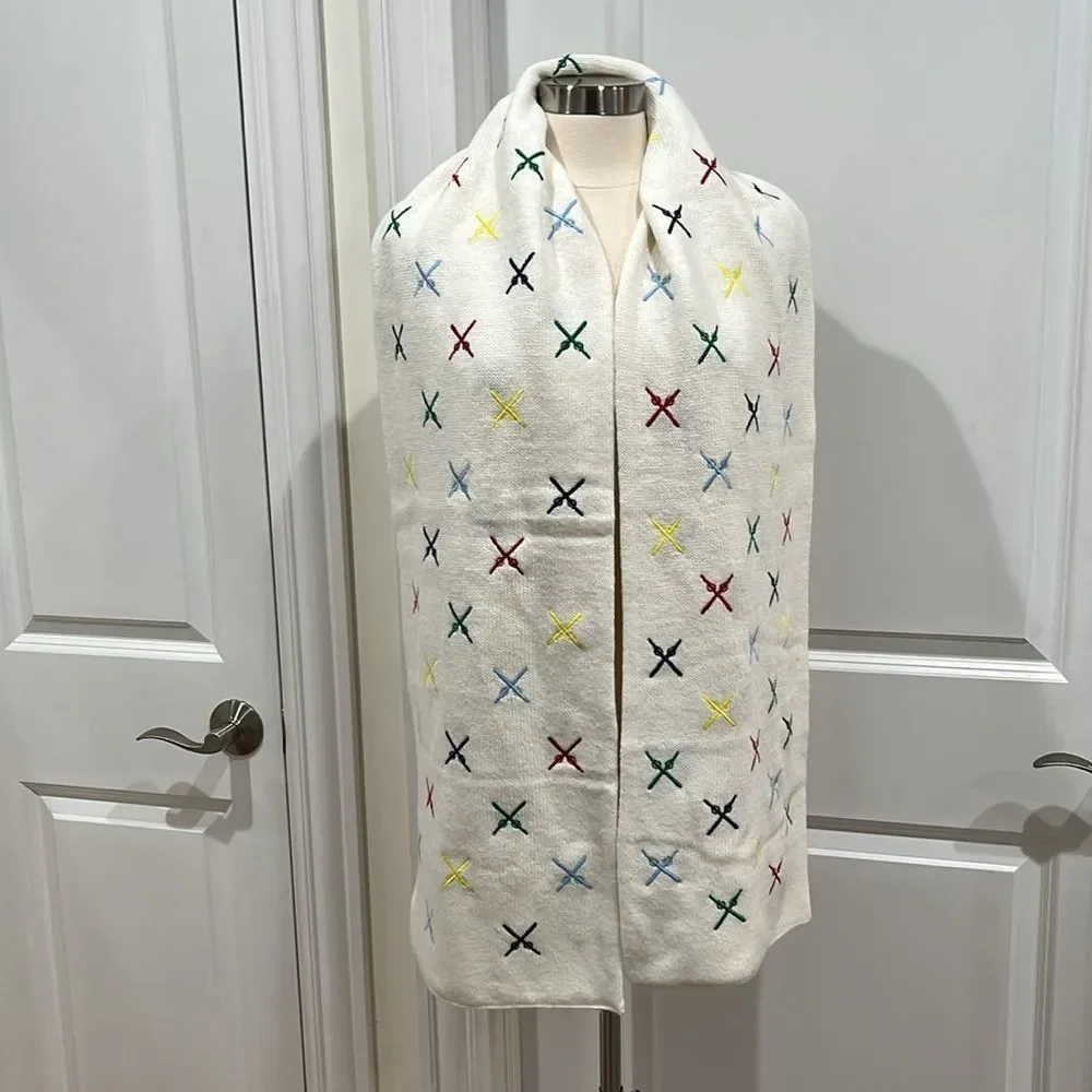 Mark & Graham Embroidered Ski Scarf Ivory Wool Blend Multicolor‎ Ski Poles